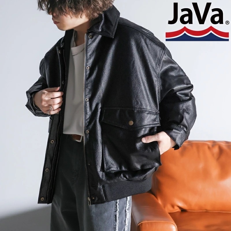 javaジャバコラボ アウター ブルゾン メンズ ポケット ヴィンテージ ライク フェイク レザー ジャケット 長袖 男女兼用 ユニセックス レディース 着回し オーバーサイズ 大きいサイズ