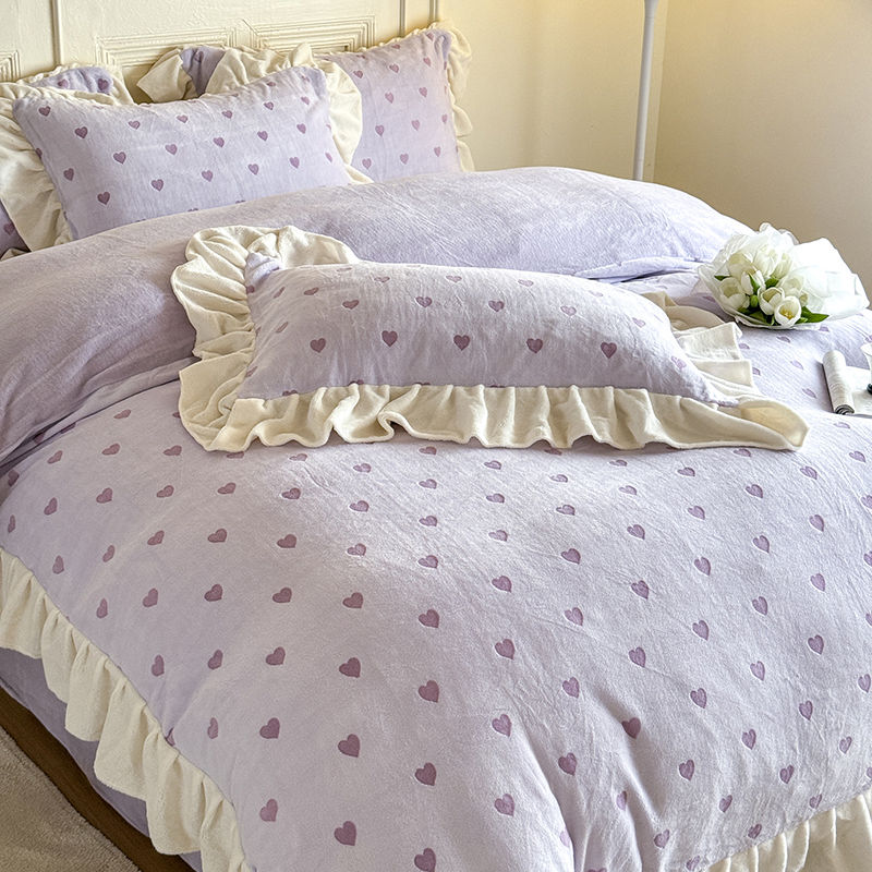 プリンセス風レースミルクレーヨンベッド上4点セット冬のサンゴレーヨン厚手カバーシーツフランネル3点セット