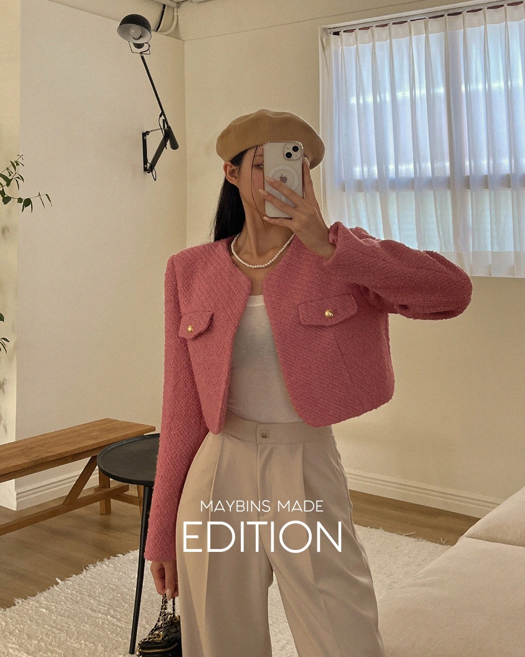 MAYBINSクロップド丈ノーカラーツイードジャケット韓国ファッション レディース