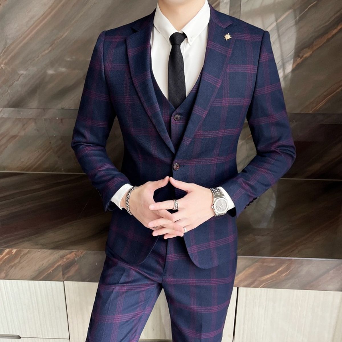 メンズビジネス紳士服セットアップチェック柄スリーピーススーツlスリムスーツ１つボタン3ピーススーツシングルウォッシャブル洗える細身ベスト3点セット入学式通勤就職入社式卒業式大きいサイズ宴会オールシーズ