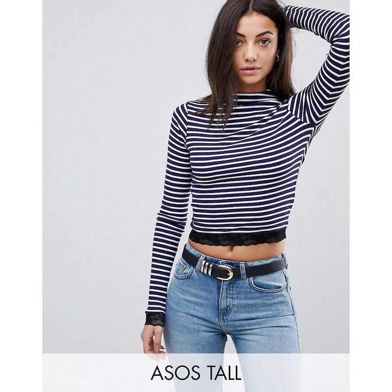 エイソス レディース トップス【ASOS TALL High Neck Polo in Stripe with Lace Trim】White/navy エイソス レディース トップス【ASOS TALL High Neck Polo in Stripe with Lace Trim】White/navy
