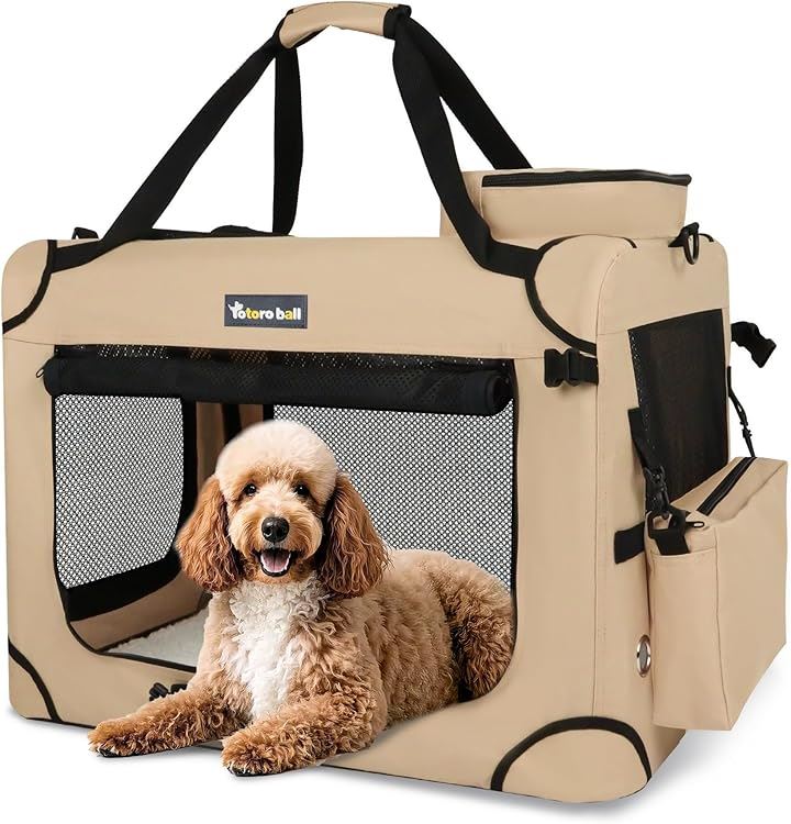 犬用キャリーバッグ ソフトクレート キャリーケース 犬用クレート 折りたたみ メッシュ ロック付き(ベージュ, XL（81L x 58W x 58H cm）)