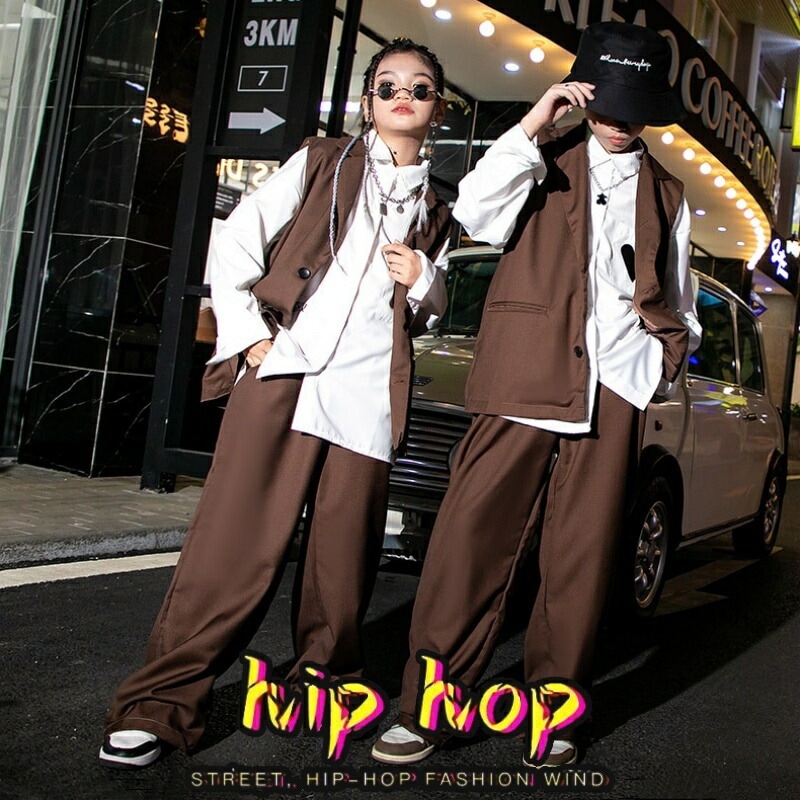 k-pop衣装 ダンス衣装 キッズ セットアップ 女の子 男の子 かっこいい ヒップホップ ワイドパンツ ジャズダンス 白シャツ ベスト子供 キッズダンス衣装 長ズボン ゆったり 長袖 男女兼用