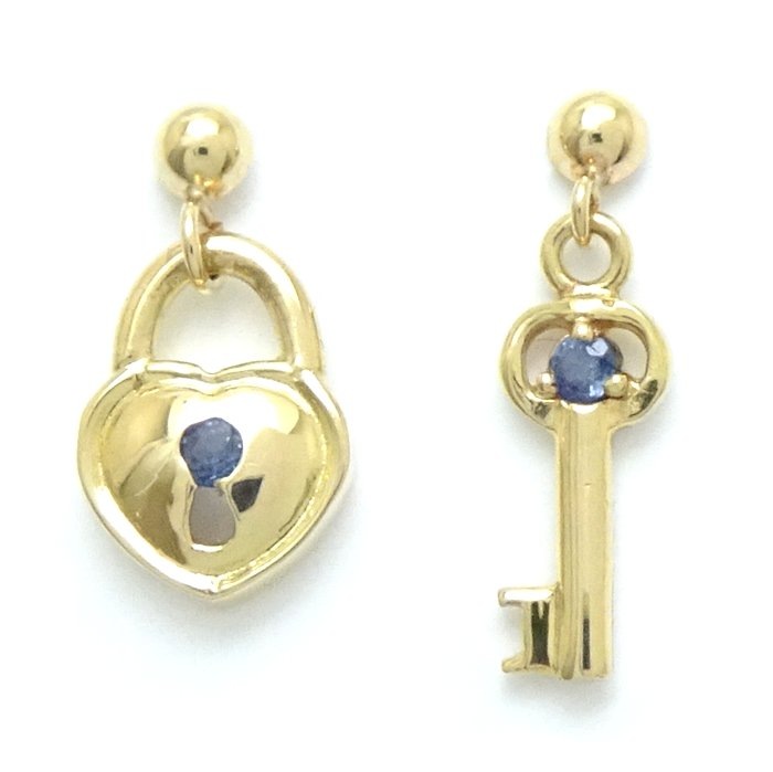 鍵モチーフ ピアス サファイヤ ハートロック＆キー K18YG イエローゴールド/28181【中古】