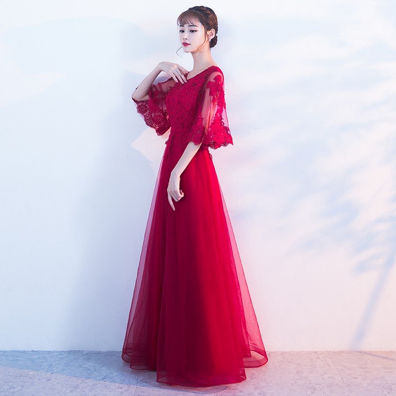 カラードレス パーティードレス aラインドレス 結婚式 二次会 ロングドレス 演奏会 イブニングドレス フォーマルドレス コンサート 長袖 赤 サッシュリボン