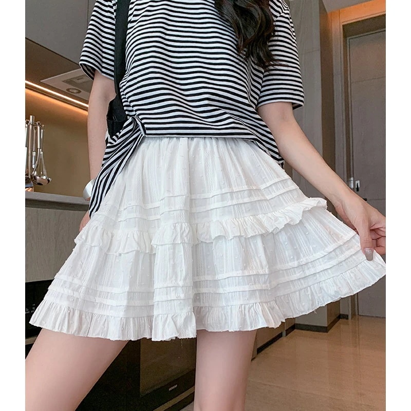 【1つ買うと10つ無料】女性のためのバレエスタイルの短いスカート2025春と夏のハイウエスト ラインフリルスカートはスリムでふわふわしたケーキスカート
