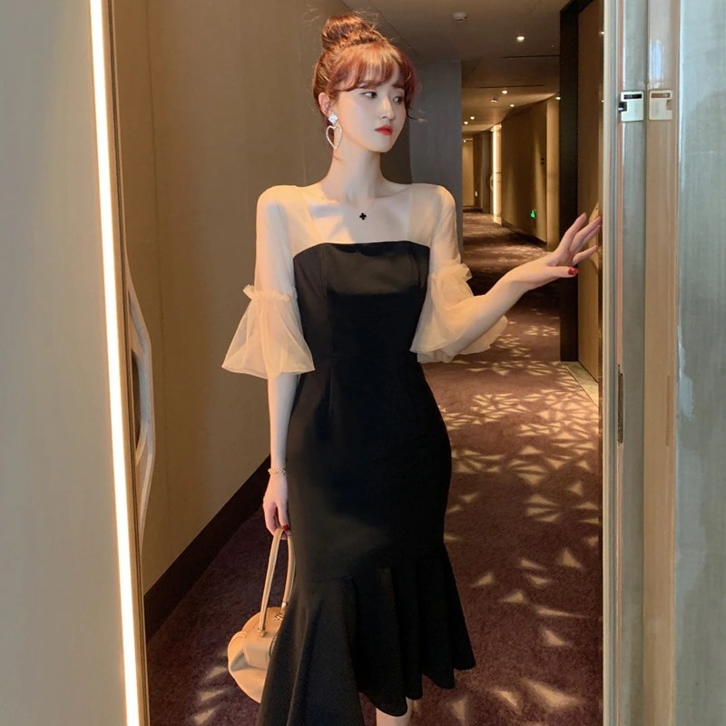 レディース ワンピース マーメイドスカート ワンピース チュールドッキング ドレス 「JY.上品」