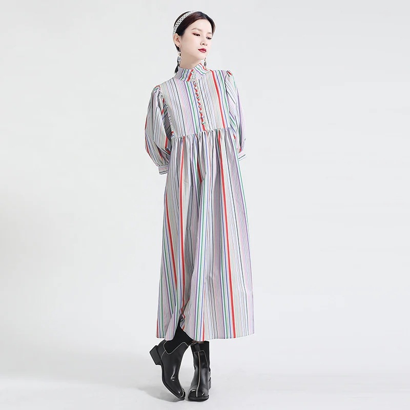 涼しげシャツワンピ日系復古 混色 虹色違いのレインボーストライプ ワンピース母の日特典LFZ85
