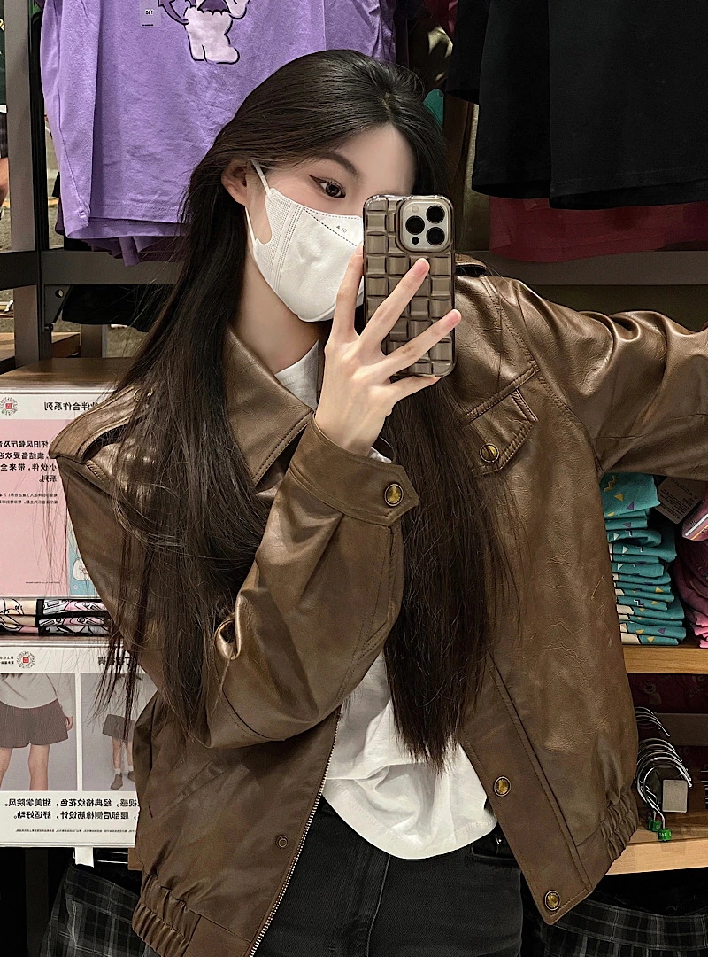 レトロブラウンレザージャケットレディース2023秋冬今年人気デザインシングルブレスト韓国ジャケットトップス
