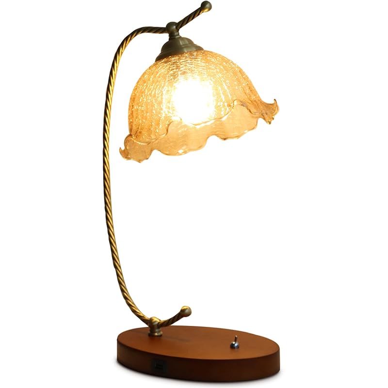 テーブルランプ アンティーク 北欧 ガラスシェード usbポート付き 木製 led インテリア かわいい 間接照明 置き型 真鍮 レトロ 寝室 天然木 木目 目に優しい ベッドサイド デスクライト