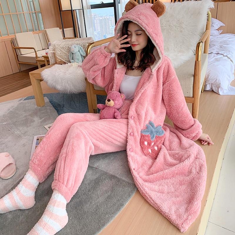 M5XL 秋冬 暖かい 厚手 フランネル マタニティ パジャマ 大きいサイズM-4XL 秋と冬の女性の豪華なネグリジェ フランネル ロング サンゴ フリース ホームウェア スーツ