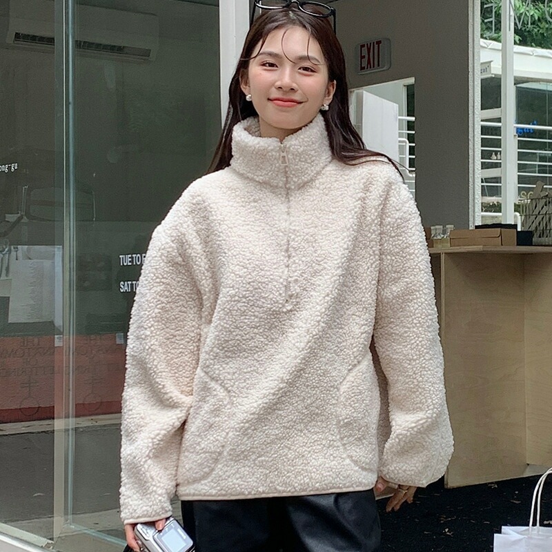 ジャケット フリースジャケット プルオーバー レディース トップス もこもこ 厚手 フリーストップス 秋 冬 プルパーカー ハイネック フードなし ジャケット 暖かい ゆったり 無地 ハーフジップ