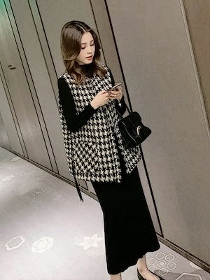 千鳥格香風ベスト外套洋気ワンピーススーツ女性秋冬韓版ゆったりニットセータースカート両
