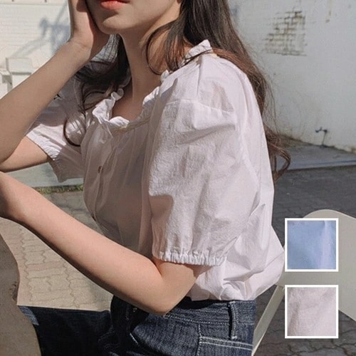 ブラウス シャツ 韓国 ファッション レディース 春 夏 カジュアル コーデ シンプル 定番 セレカジ 20代 30代 40代 2025 フリル スタンドカラー パフスリーブ ガーリー 4,965円