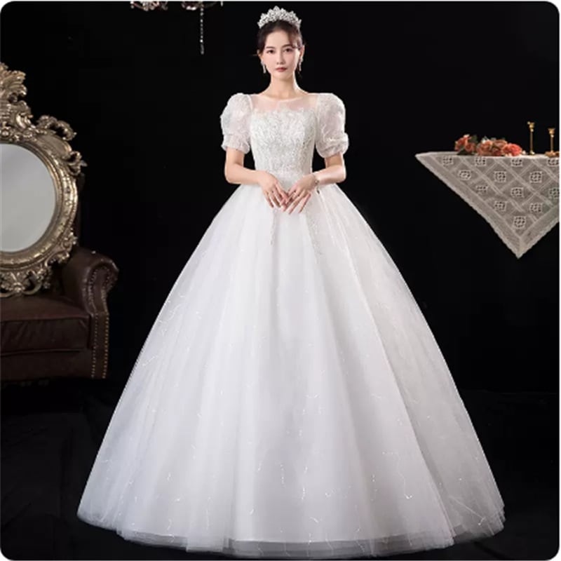 ウェディングドレス 結婚式 二次会 ホワイト 花嫁 ウェディング プリンセスドレス 白ドレス ロングドレス 披露宴 編み上げ-77905-627