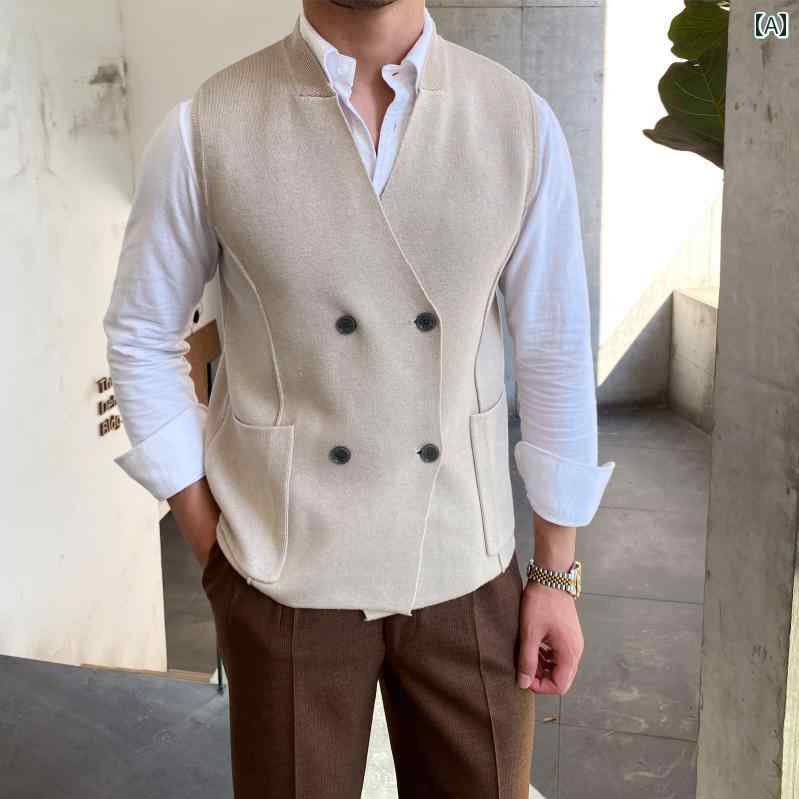 メンズ ファッション トップス 秋冬 快適 ダブルブレスト ニット ノースリーブ ベスト 英国風 ベスト スリム ウール メンズ