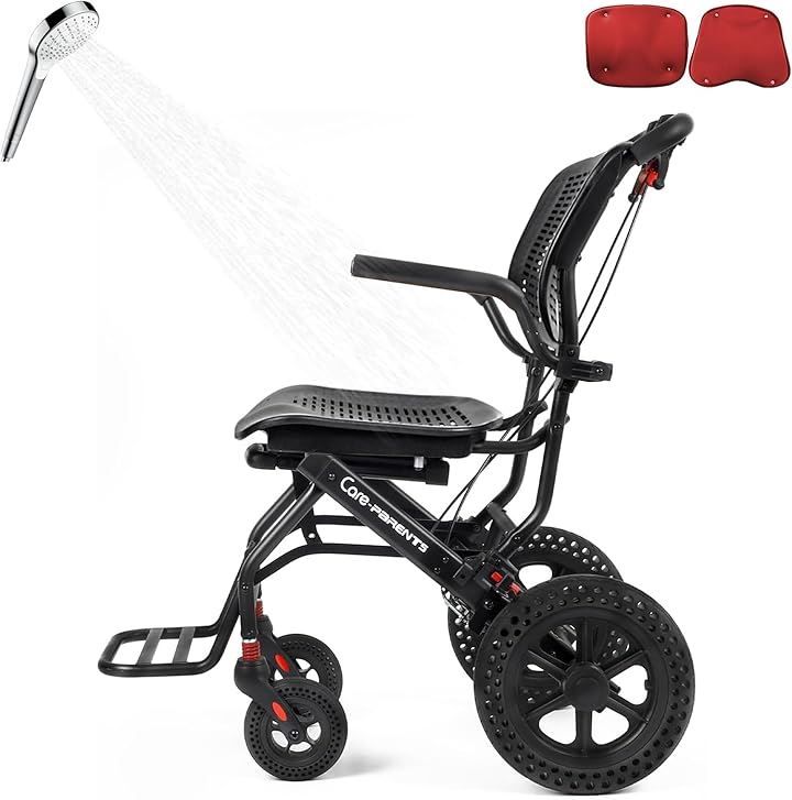 車椅子 入浴用車椅子 介助用車いす シャワーチェア アルミ製 折りたたみ式 軽量コンパクト車椅子 透気性 介助ブレーキ付き 可伸縮キャリハンドル付き 赤色(赤色 CP-0903RPro)