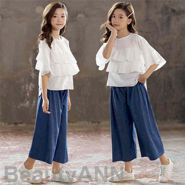 効率化の革命新生活 子供服 セットアップ キッズ 女の子 2点セット 半袖 デニムパンツ シャツ+9分ズボン カジュアル パンツセット 春夏着 上下セット ワイドパンツ 小学生 通学着 可愛い子供服