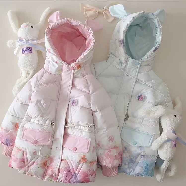 女の子用コットン冬の新作エルサ姫風女の子用ミドル丈コットン子供用厚手コート