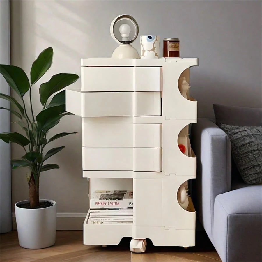 360回転式引き出し収納キャビネット - 大容量モバイルオーガナイザーロック付きキャスター耐久性ABSプラスチック＆アルミフレームリビングルーム・ベッドルーム・オフィス・キッチン用ホワイトノル