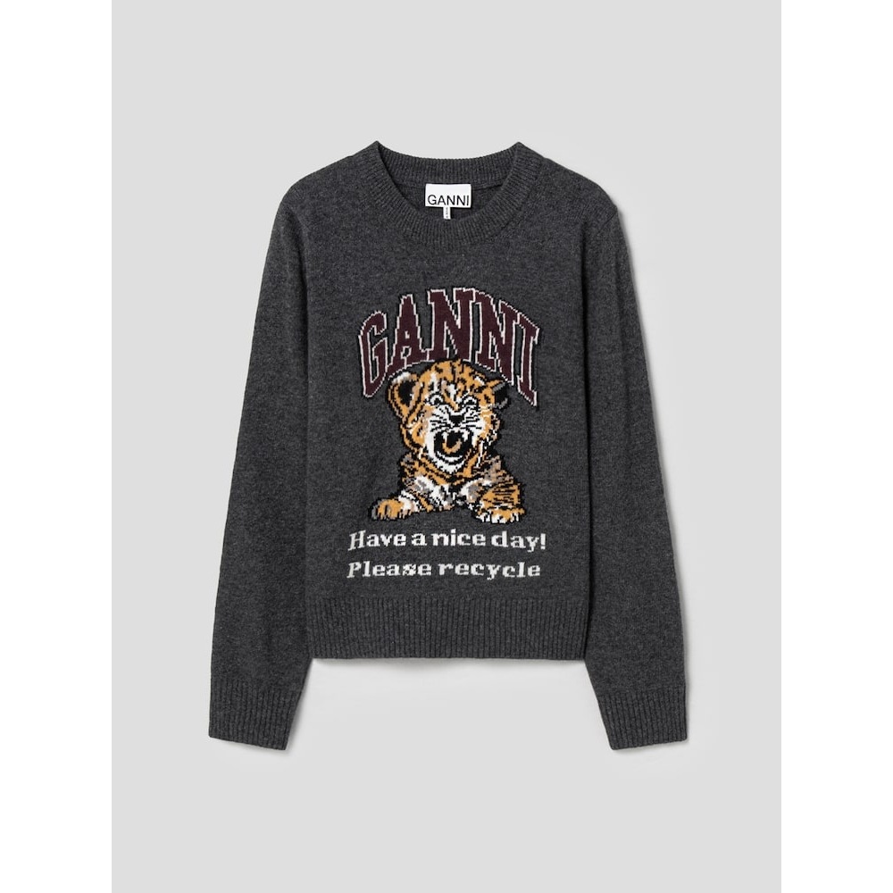 GANNI グラフィックウールミックスタイガークルーネック-アッシュ FW24-/QN4851R024