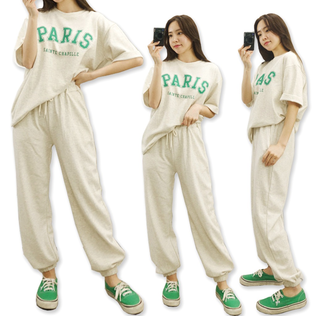 パリ半袖Tシャツウエストゴムロングパンツセットアップ しっかりした生地ゆったり2点セット