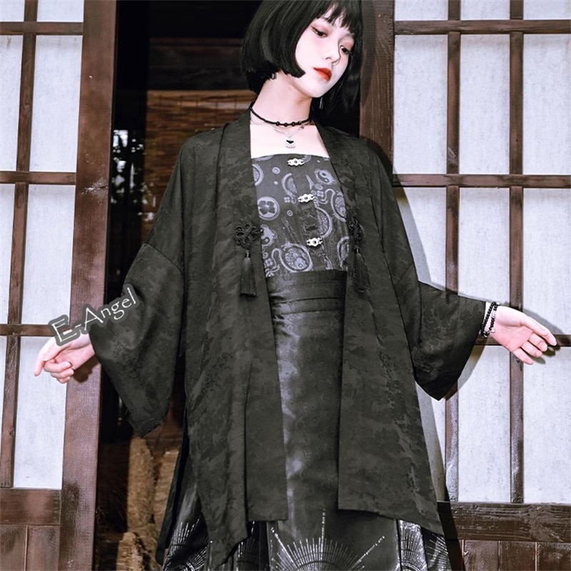 チャイナ風トップス 法被 カーディガン 黒 ジャガード ゆったり レディース 羽織り シャツ 個性的