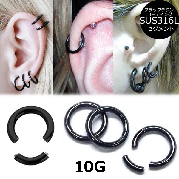 ボディピアス ブラックセグメントリング 10G ステンレス 黒色 コーティング 10ゲージ 真円型 フープ 耳 軟骨 ヘリックス オービタル 乳首 ニップル 口 リップ bbcsdxxxxxxxx