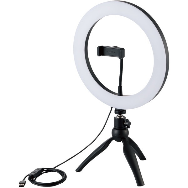 DE-L03BK LEDリングライト 自撮りライト 3色調光 最大1100lm 10段階調整 USB-A給電 動画配信 ミニ三脚スタンド付き ボールジョイント付き 26cm メーカー直送