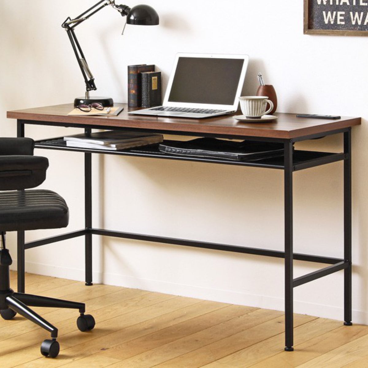デスク 幅120cm コンセント付き 木目調 スチール脚 ワークデスク シンプルデスク パソコンデスク 机 つくえ 勉強机 PCデスク パソコン机 ワイド 天板下収納 棚付き コンセント