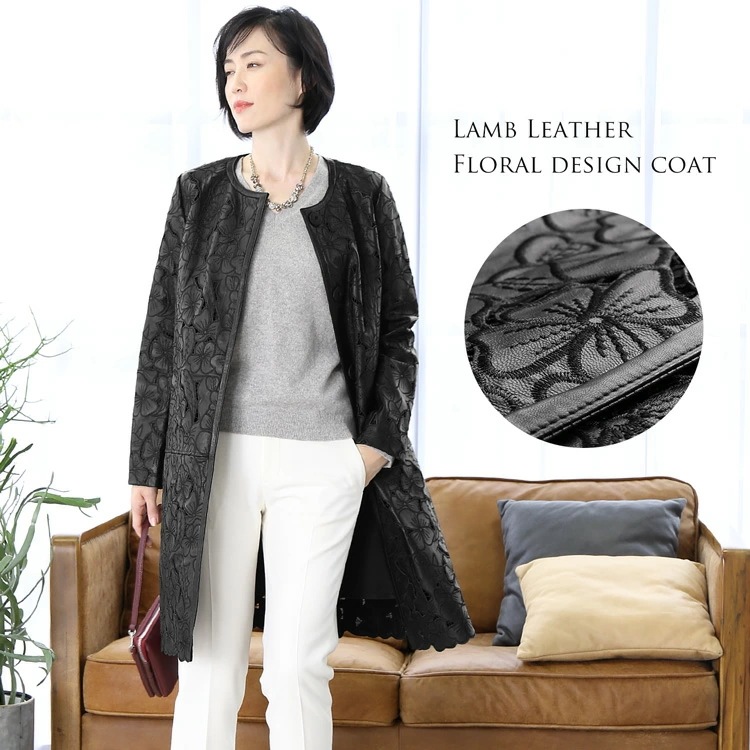ラム レザー コート 本革 ナッパ 加工 花柄 ノーカラー ロング 秋冬 レディース 母の日 ギフト プレゼント 6F (04000076r)