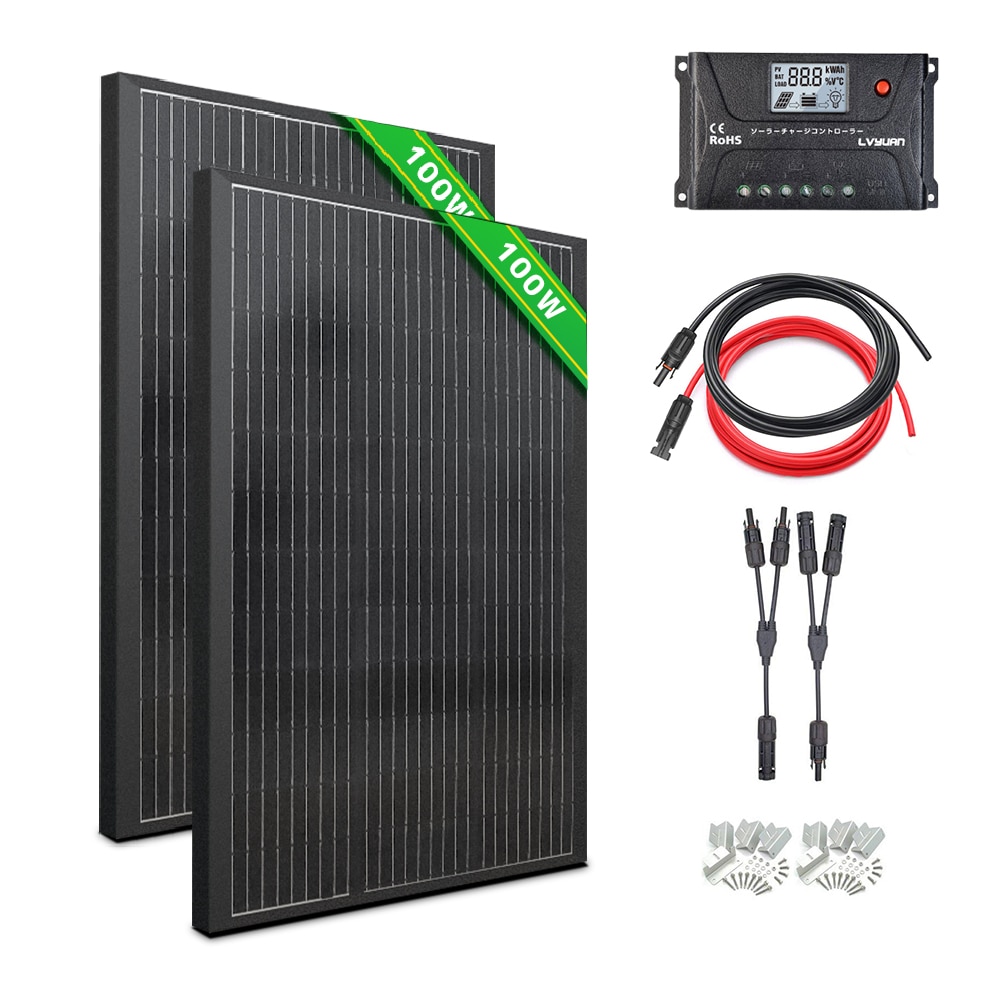 200W ソーラーパネル キット 100W 単結晶ソーラーパネル*2枚 + 10mソーラーケーブル+ソーラー パネル取付 Z ブラケット 2セット+ Y 型コネクター+20Aコントローラー