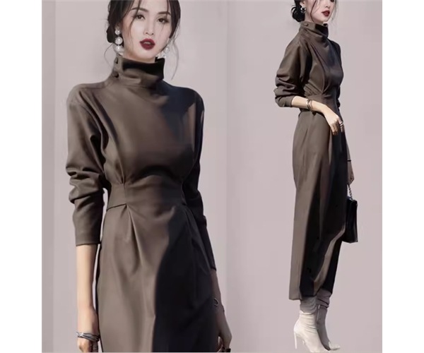 レディース ワンピース プルオーバー ドレス ロング 長袖 ハイネック Aライン ウエストマーク スリット ハイウエスト 大人可愛い きれいめ シンプル カジュアル 上品 おしゃれ かっこいい