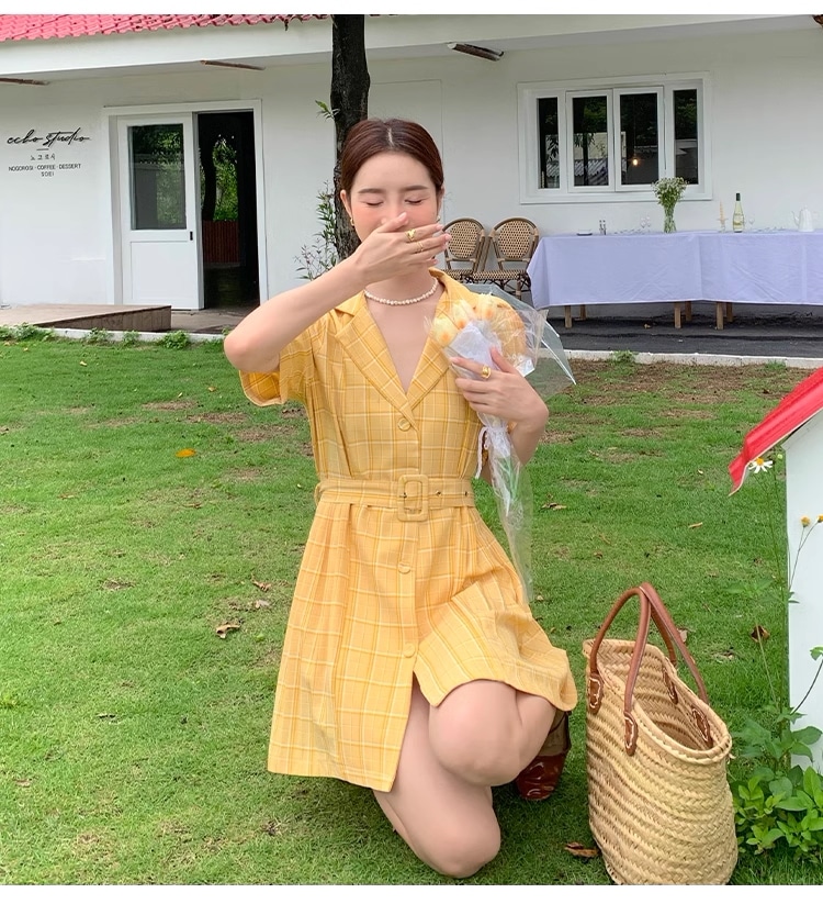 夏 韓国 スタイル 女性 シングル ブレスト スーツ ウエスト チェック柄 プリーツ ドレス 学生風 個性的 ワンピース ミニ ミニ丈 ショート ショート丈 袖あり 半袖 Vネック 襟付き かわいい