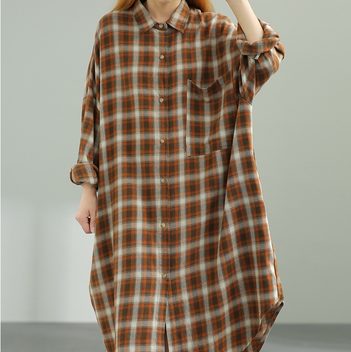 オーバーサイズワンピース カジュアルチェックシャツ シャツワンピース レトロシャツワンピース トップス ワンピース シャツ オールインワン シャツワンピース 膝下 ロング ロング丈 7分丈 4,990円