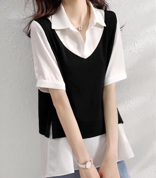 偽のツーピースのシャツの女性の夏のカバー腹は薄い外国のスタイルのトップスのニッチな美しいシフォンのシャツに見えます