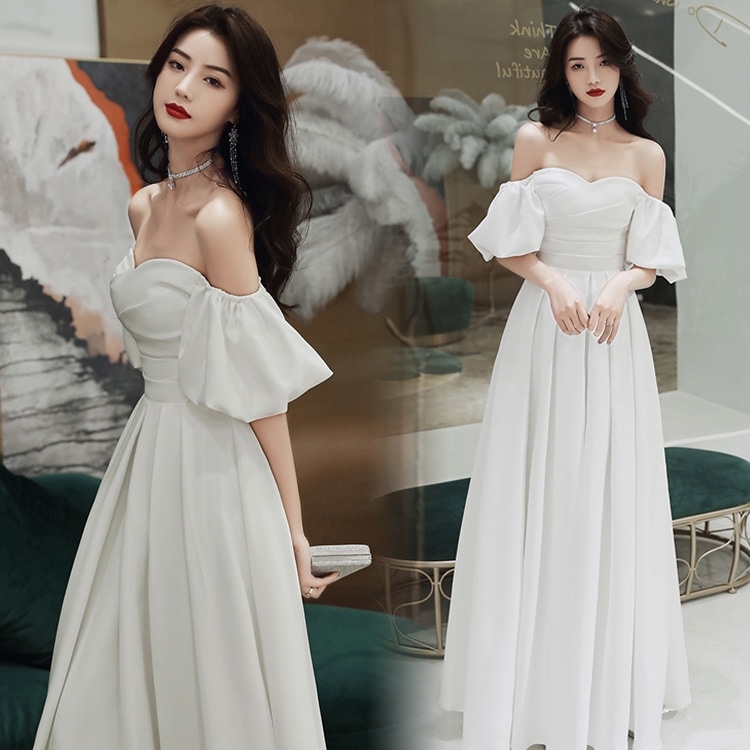 送料無料 イブニングドレス サテンドレス 白 黒 ワイン赤 発表会ドレス オフショルダー Vネック ロングドレス Aライン パーティードレス ブラック ホワイト ワインレッド 結婚式ドレス 二次会ドレ