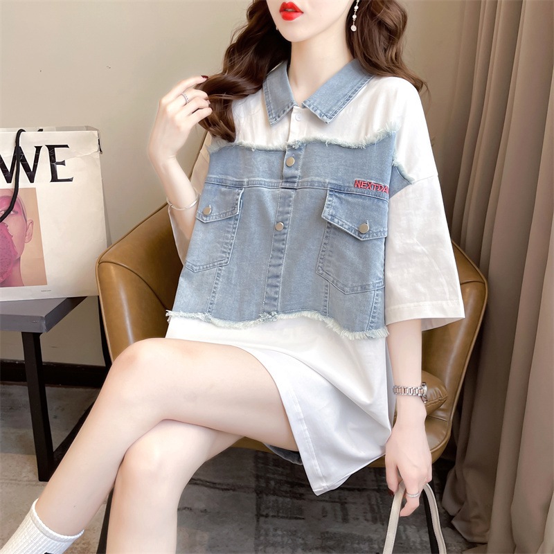 トップス Tシャツ シャツ レギュラー丈 袖あり 半袖 Vネック 襟付き 裾ワイド デニム かわいい シンプル カジュアル おしゃれ かっこいい こなれ感 ラフ メンズライク マニッシュ