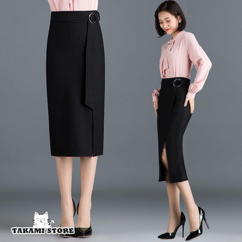 ウエストマーク ハイウエスト 膝下 タイトスカート ペンシルスカート スリット ミモレ丈 レディース ボトムス 黒 赤 大きいサイズ 3L 4L ウエストゴム