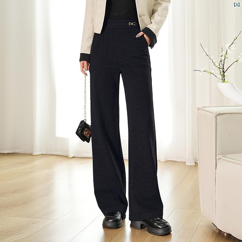 秋冬 レディース ウール ワイド レッグ パンツ ハイウエスト ドレープ 厚手 ストレート カジュアル