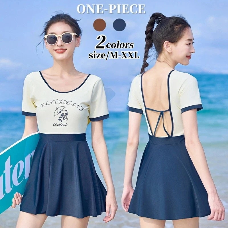 水着 レディース ワンピース 半袖 ショーツ付き 体型カバー パット付き 丸首 露出控えめ カバーアップ 着痩せ 無地 韓国風 ストレッチ 水陸両用 スポーツ風 学生 ジュニア 速乾 練習用 温泉 海