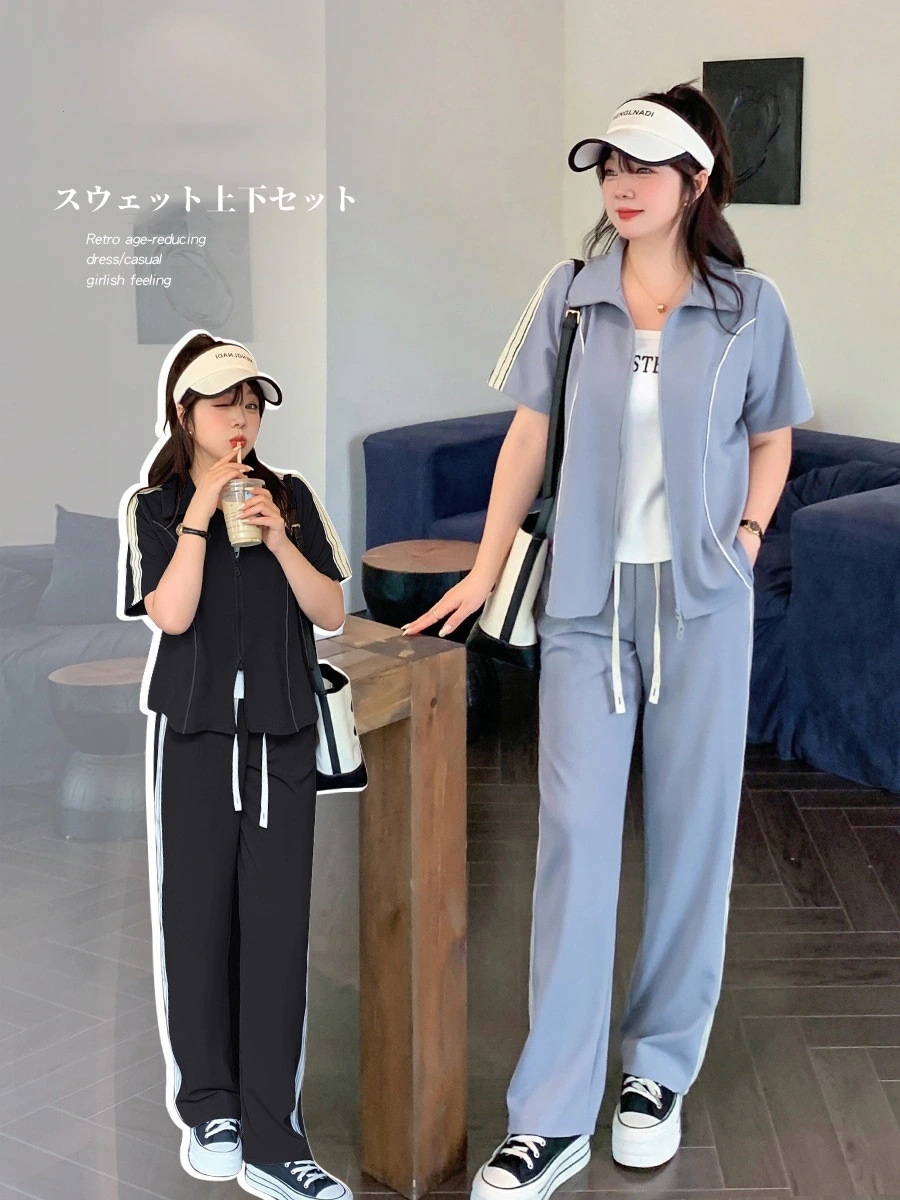 Hot!!!【ぽちゃまに】 夏新品 上下セット 大きいサイズ スウェットセット 体型カバー トレーナー ジャージ レディース セットアップ メガ割