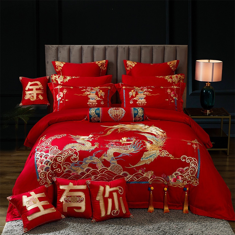 120sロングベルベットコットンドラゴンとフェニックスレッドウェディング刺繍4ピースセットピュアコットンドウリーウェディングベッドマルチピースセット新しい中国語スタイル