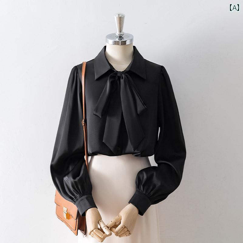レディース シャツ ブラウス 長袖 春秋 黒 サテン風 光沢感 フレンチ リボンタイ／取外し可 蝶結び シャツ襟 シングルブレスト スタイリッシュ モダン 上品 高品質 エレガント モード クール