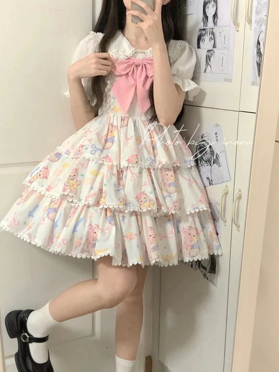 ロリータ コスプレ 脚魅せミニスカート 春夏 新作 シャツ+ワンピース 可愛らしい 蝶結び 二点セット愛されドッキングワンピース