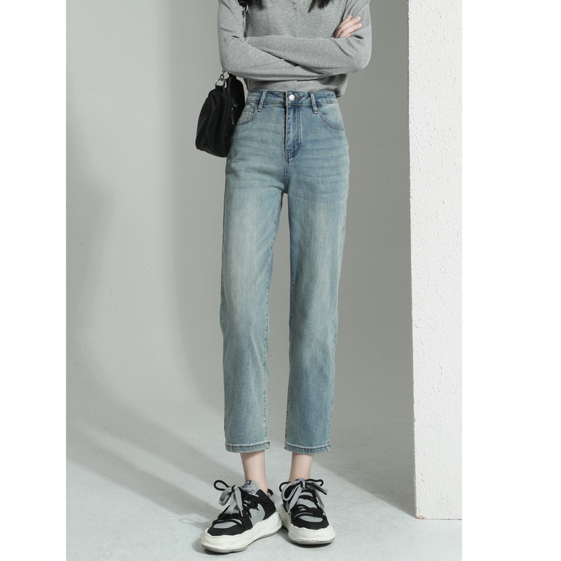 秋用レディースストレートジーンズ ハイウエスト ゆったり スリム 薄手ベルベット 9分ナロー シガレットパイプパンツ