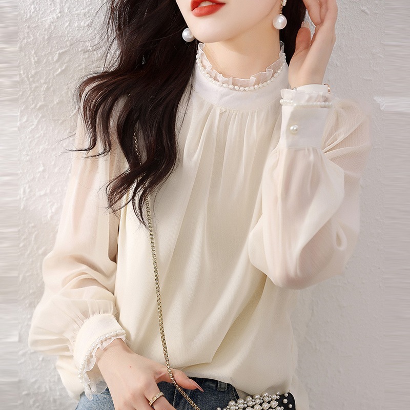 【高見えデザインで暖かい】 高級感 フェミニン 無地 プルオーバー スタンドネック ランタンスリーブ ブラウス レディース