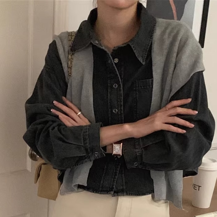2点セット レディース トップス シャツ デニム ウール 羽織 前開き ショール ショート 長袖 襟付き ワイド ポケット ボタン ブルーデニム カラーデニム かわいい 大人可愛い シンプル