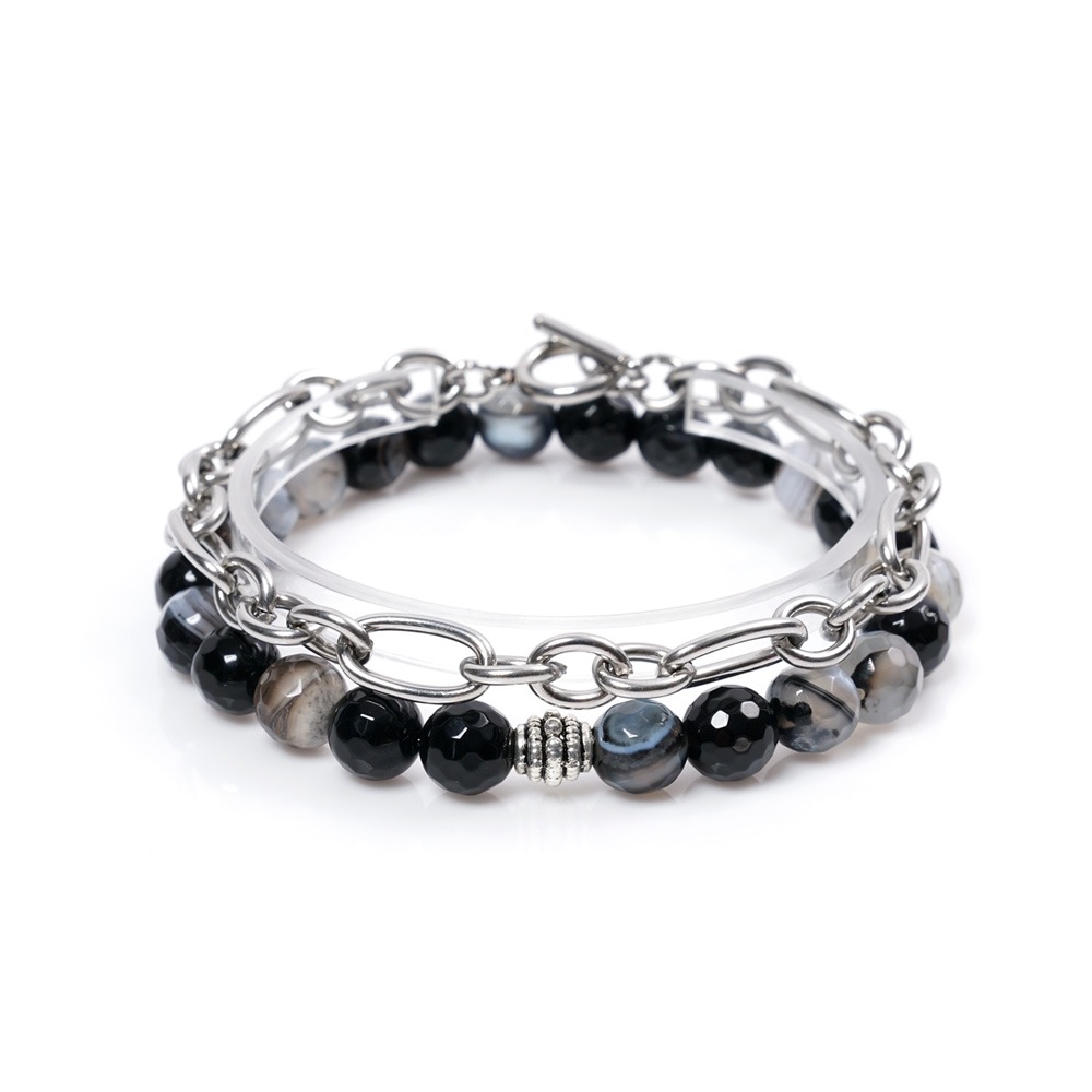 JBANS クラシックカットアゲート 454 ジェムストーン 7 ダブルタイプ 732 サージカルチェーンブレスレットセット (C2101-SE197_BK)