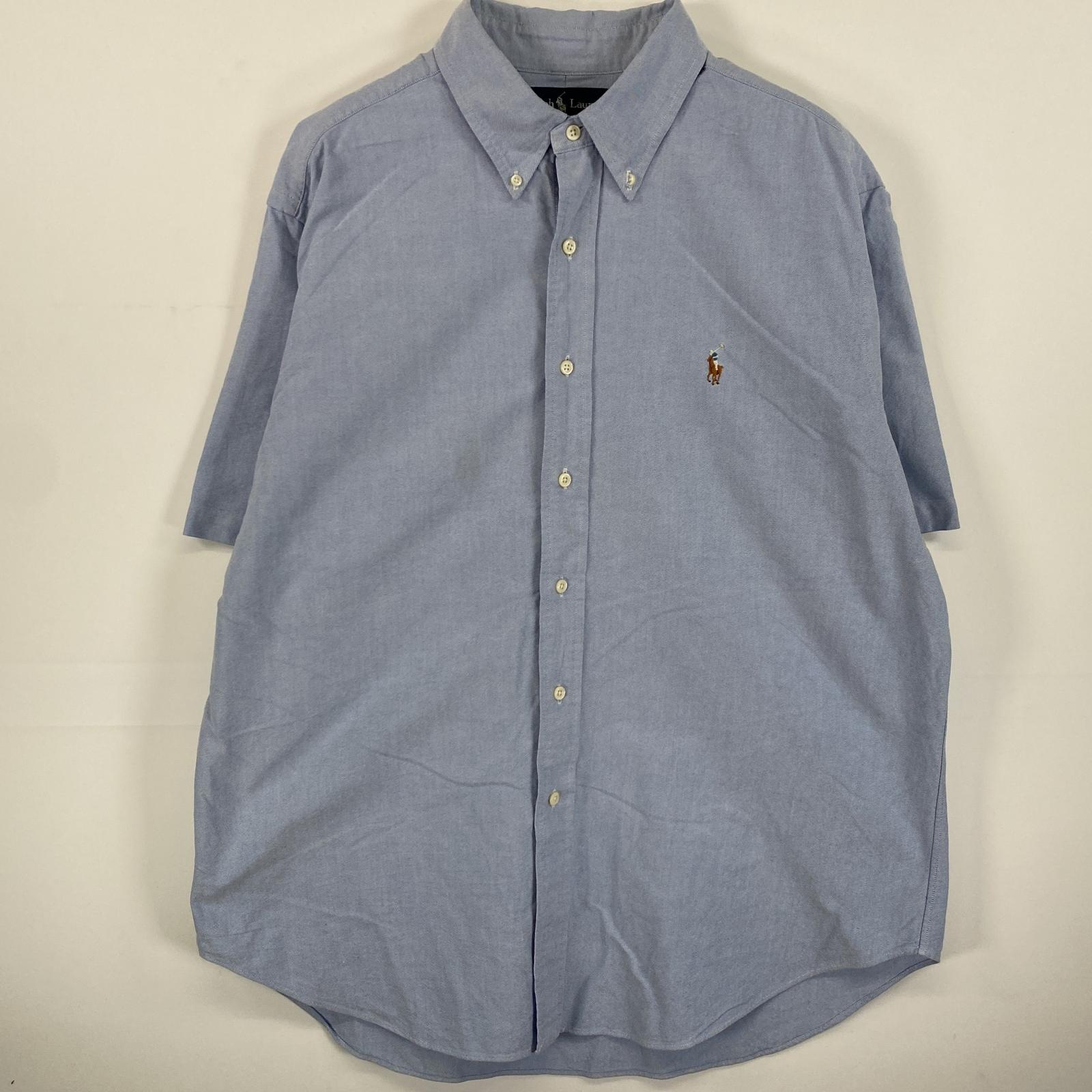 古着 90s/90年代 半袖シャツ ボタンダウン ワンポイントロゴ刺繍 ビックサイズ XL ブルー系 無地 メンズ